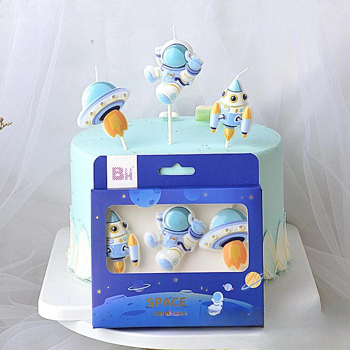 3PCS Cosmonaut Candle Space Astronaut Candles Rocket Spacecraft Cake Topper Children Birthday Cake A