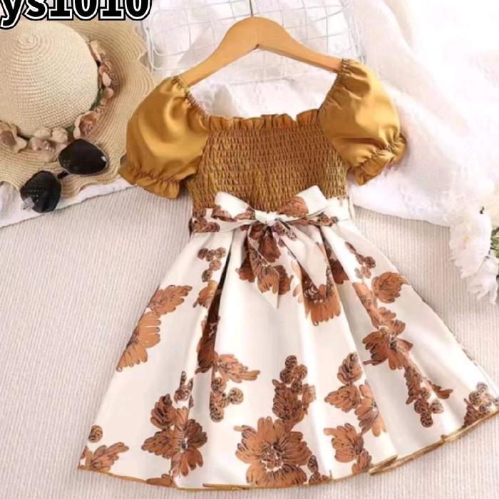 Dres Anak sabrina sifon warna coklat dan biru, formal fashion