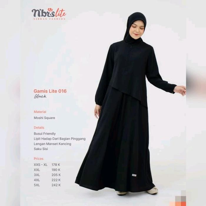 Gamis Terbaru Nibras Lite 016 Warna Black Hitam Polos Dress Muslimah Ukuran Jumbo Cantik Busui Varia