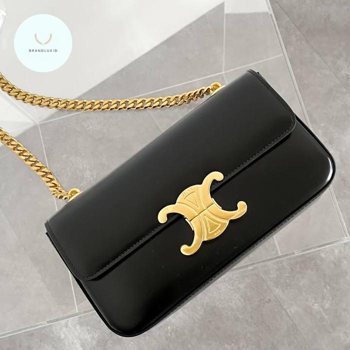 CELINE CHAIN TRIOMPHE CALFSKIN SHOULDER BAG BLACK GHW