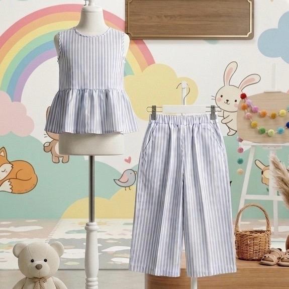 MZA STORE ID Setelan Anak Umur 1-7 Tahun salur biru Terbaru dan Temurah Fashion Celana Panjang Longg