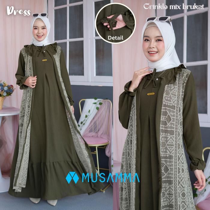 Mayra Dress - Gamis Crincle Premium Mix Brukat Malika/ Gamis Elegan Terbaru Pasti Ori
