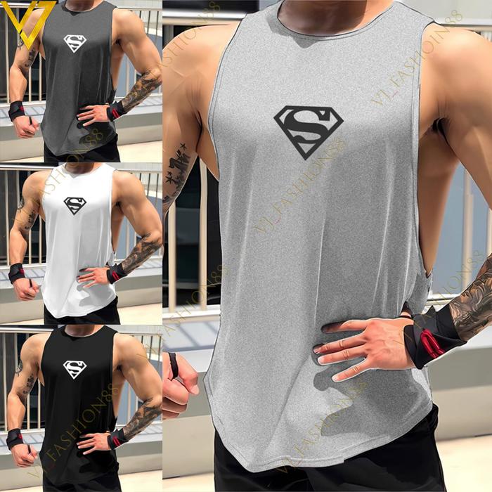 Singlet Tanktop Pria Hitam Belahan Low Cut Motif Superman