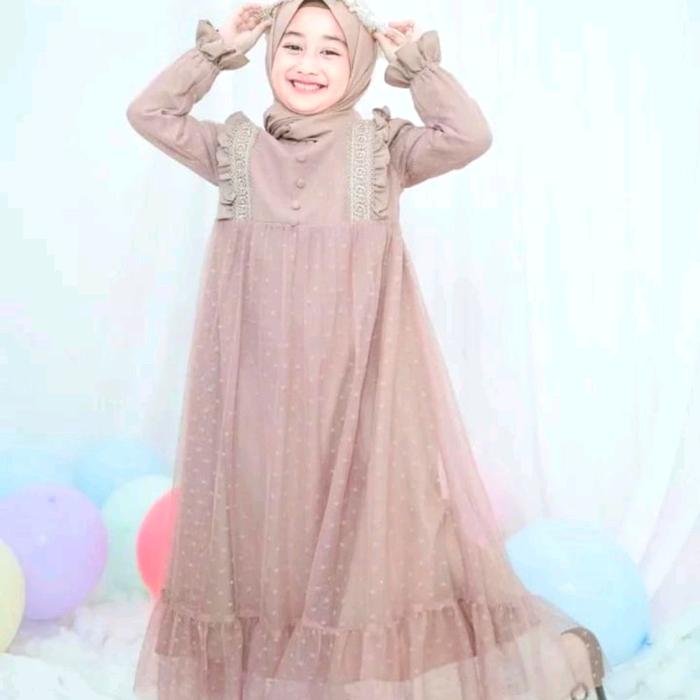 Gamis Anak Set Pashmina Crinkle Tile Dot Renda Mocca Terbaru Lebaran Fashion Muslim Anak Perempuan