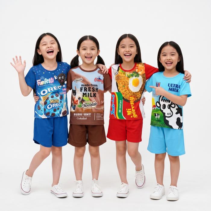 Setelan Baju Anak Santai Motif Viral Indomi Sotomi Chitato Ultramild Oreo Snack Fashion