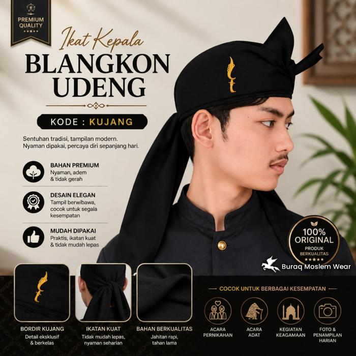 Blangkon Sunda Jawa Prabu Motif Bordir Kujang Siliwangi Bahan Katun Lembut dengan Tali Belakang Topi