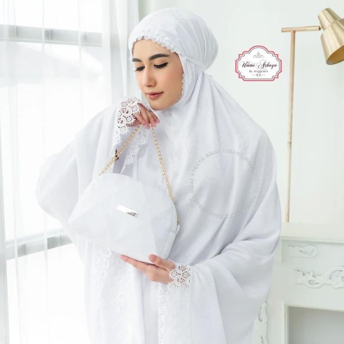ASLI Ummi Athaya - Mukena Dewasa Putih Bordir Silk Sutra Doff Premium Mewah Satin d sesuai gambar ha