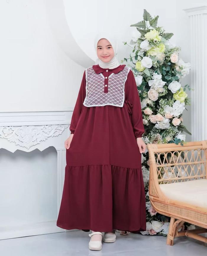 Baju Gamis Set Rompi Brukat Anak Umur 6-7 9-11 12-14 Tahun Garis Leher Round Neck Desain Square Gaya