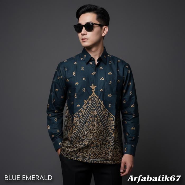 MAKASSAR BLUE EMERALD Kemeja batik pria lengan panjang dan lengan pendek katun pria premium lapis fu