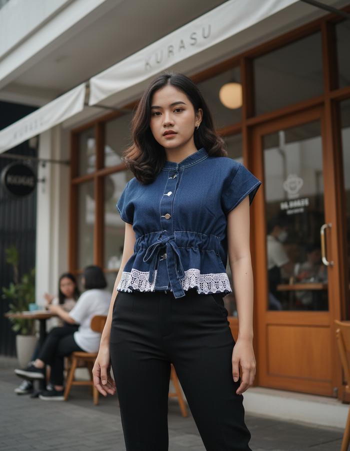 Iris Vest Jeans Denim Renda Korean Style Rompi Outer Wanita Pendek Akses Renda Warna Biru Langit