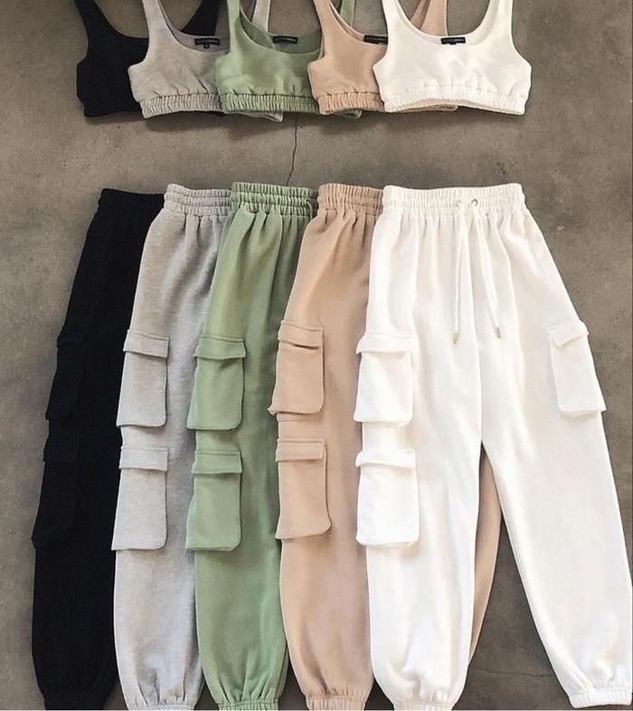 Setelan Wanita Bralette BigSize Bra + Jogger Cargo 3 Saku Oneset Korean Style Oversize Fleece Premiu