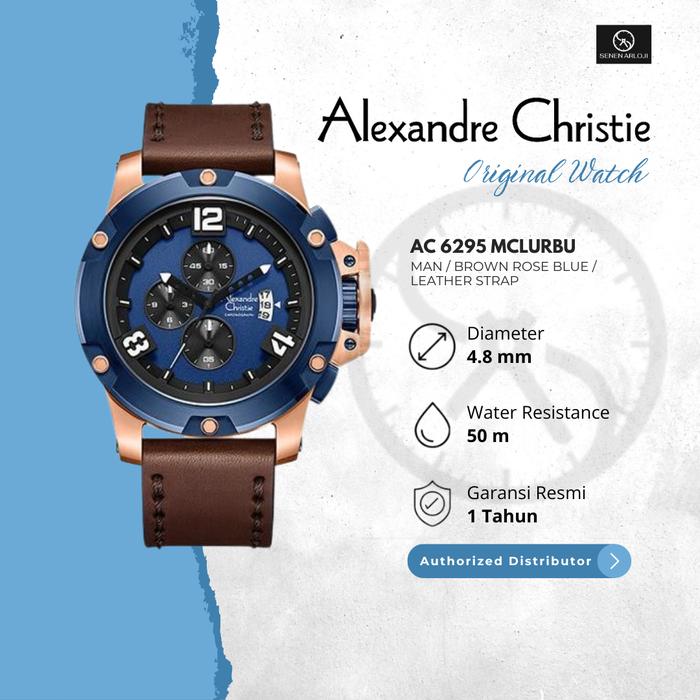 Jam Tangan Pria Alexandre Christie AC 6295 Original Strap Leather - Brown Rose Blue Quartz Watches S