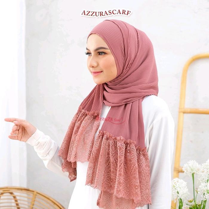 Pashmina Plisket Renda - Azzura Scarf (Kerudung Lace Import Premium Wanita Muslim) Square Instan
