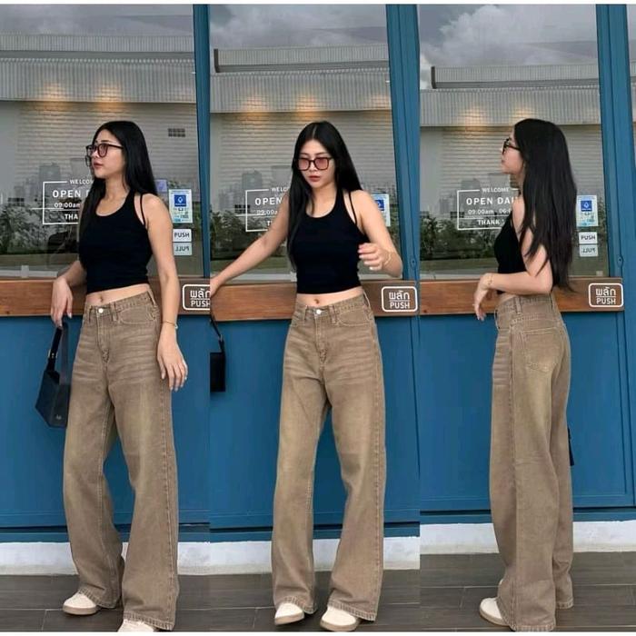 Celana Jeans wanita Baggy Coklat