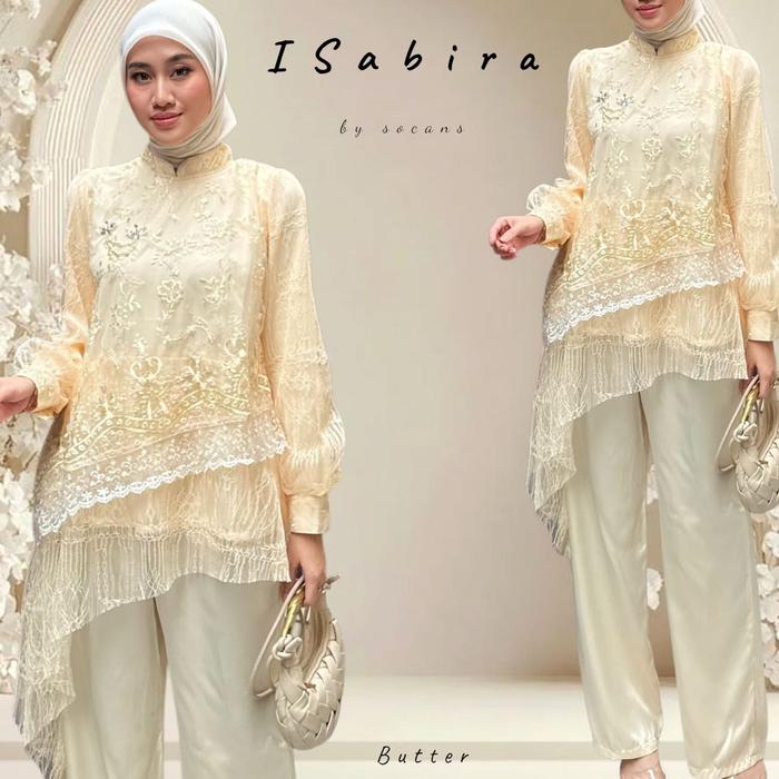 ISabira - setcel assymetris | oneset layering lace tile bordir | setelan celana chantily utk pesta k