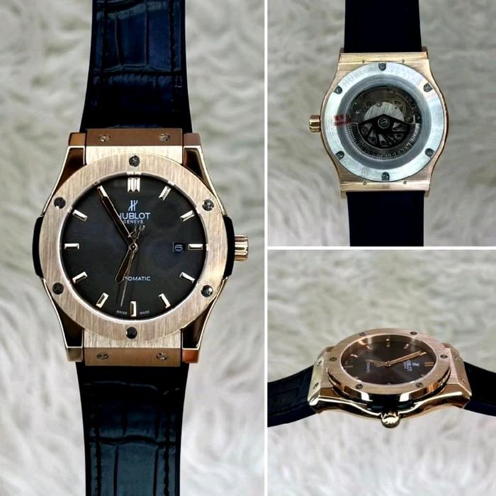 Hublot Jam Tangan Pria Automatic dengan Tali Kulit Hitam dan Dial Hitam Elegan