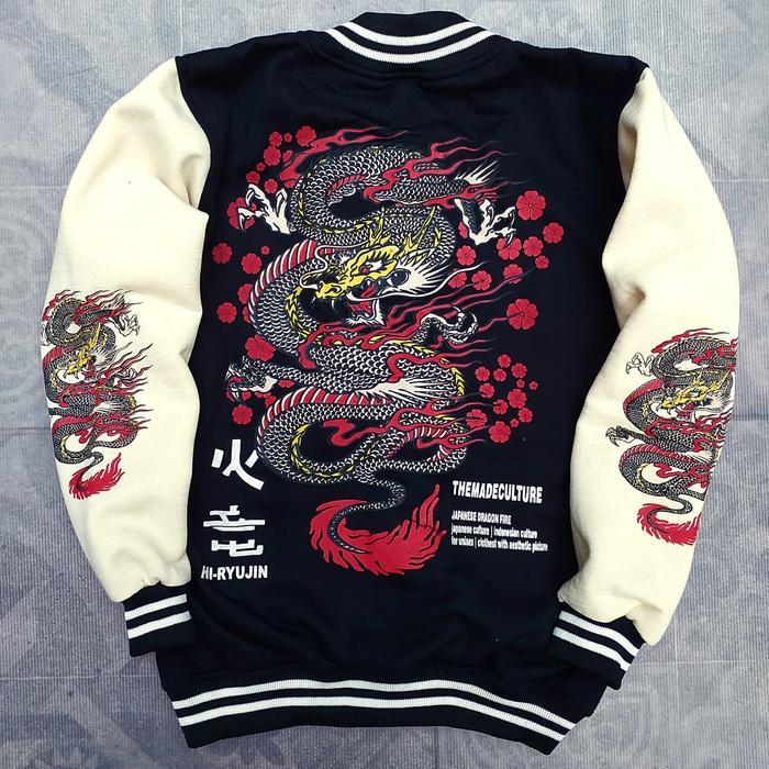 Jaket Varsity Baseball Motif Naga Api Yakuza culture Japan Unisex Fleece Kain Tebal Dewasa Jepang Lo