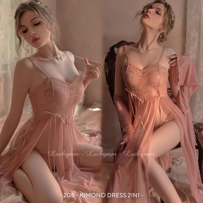 Sexy Lingerie Kimono Set Transparan Sleepwear Long dress Lingerie Transparan Kimono 2in1 205