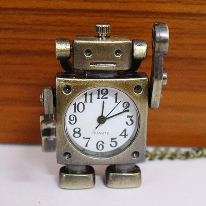 IMPORT VINTAGE ROBOT SHAPE ARABIC NUMERALS ROUND DIAL QUARTZ POCKET WATCH PENDANT DECORATED WITH CUT