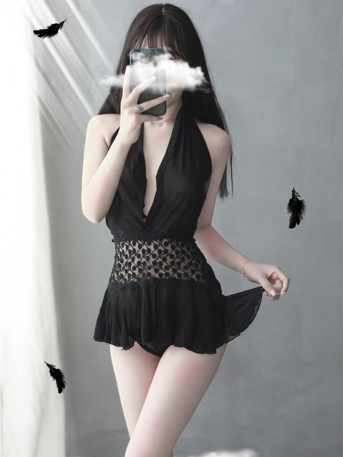 Lingerie Mini Dress Seksi Halter Neck Baju Romantis Black 2806