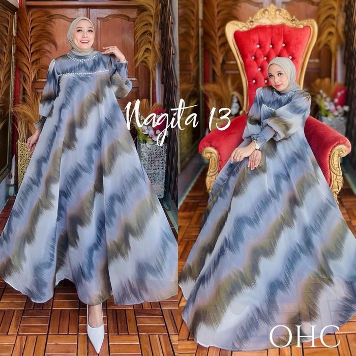 Nagita Dress Premium Organza Print By Ohc Gamis Muslim Wanita Payet Cantik Pasti Ori
