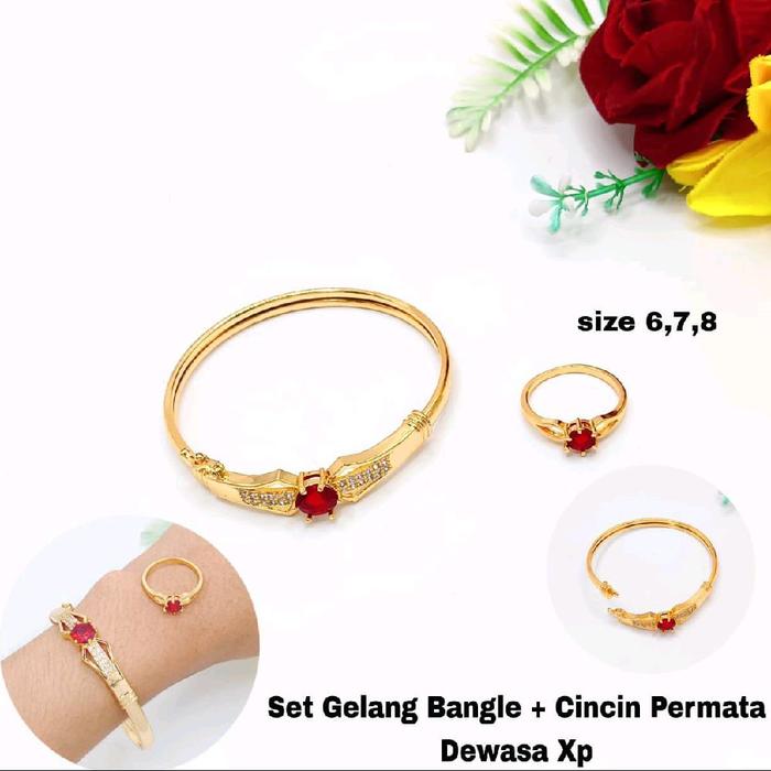 Set Perhiasan Gelang Bangle free Cincin Permata Merah Hijau Titanium Terbaru