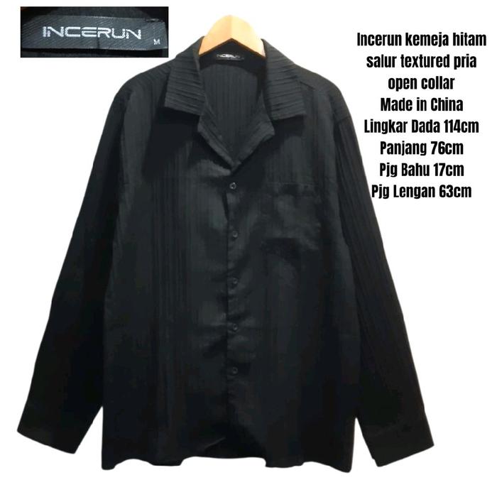 Incerun kemeja hitam salur textured pria skena open collar