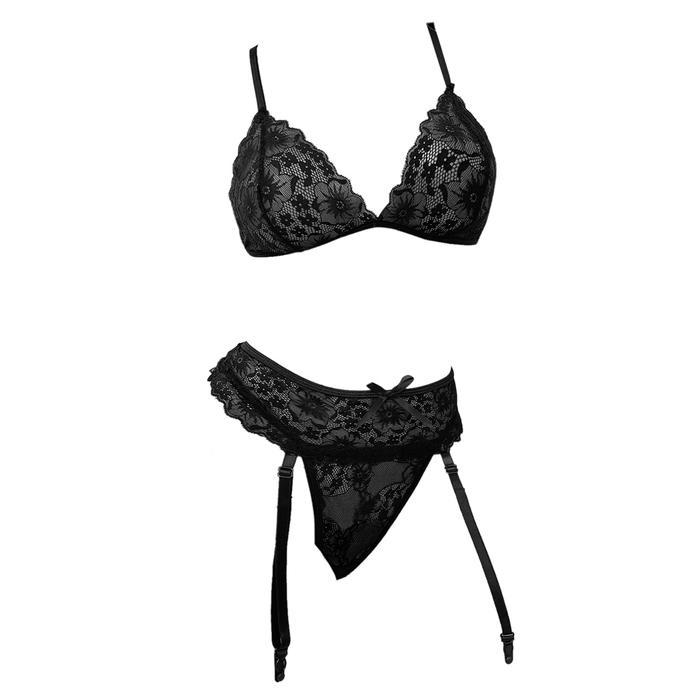 B378 Bra Set Bralette Sexy Lingerie Wanita Seksi BH CD Panties Garter Belt Hitam Lace Transparan Dap