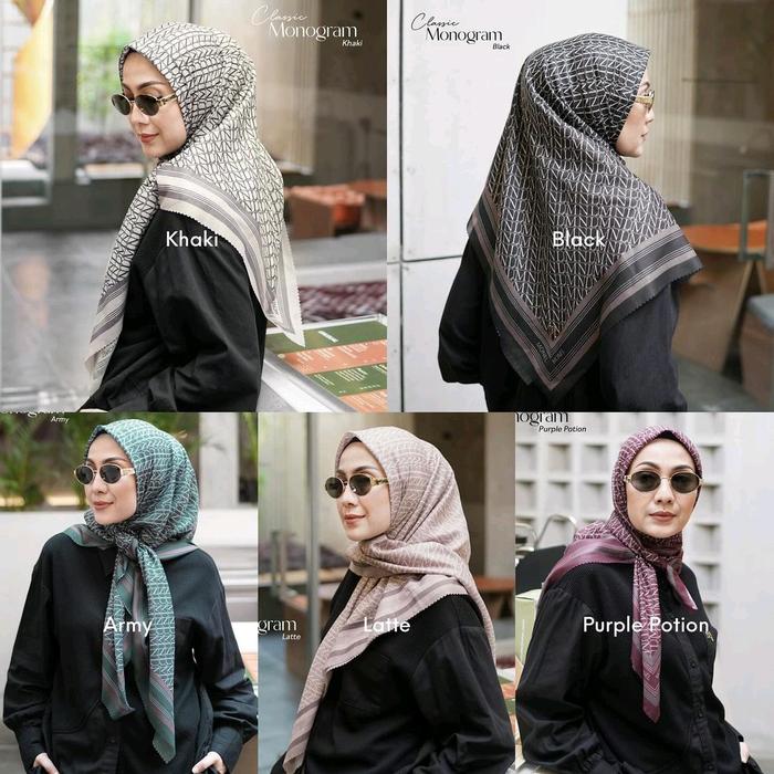 [NEW] Monel CLASSIC MONOGRAM | ARMY, BLACK, KHAKI, LATTE, PURPLE POTION | HIJAB VOAL SEGIEMPAT | JIL