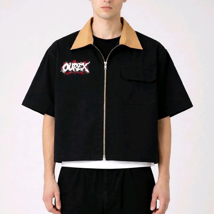 Ourex Workshit Unisex Pendek Hitam dengan Logo Ourex di Dada Bahan Drill Premium Fit Boxy Relaxed Co