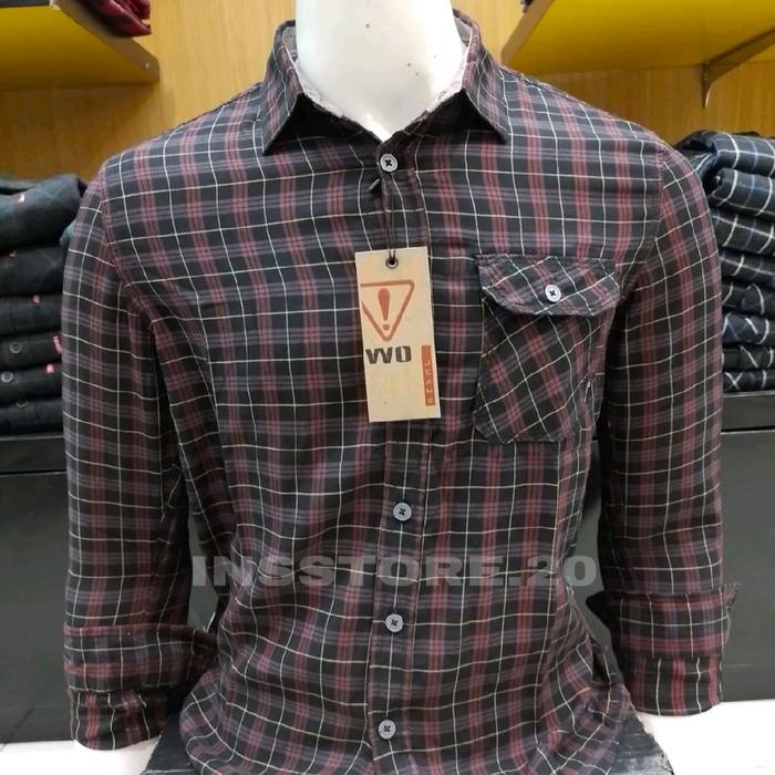 kemeja pria watchout jeans slim fit merah maroon lengan panjang kualitas premium Katun