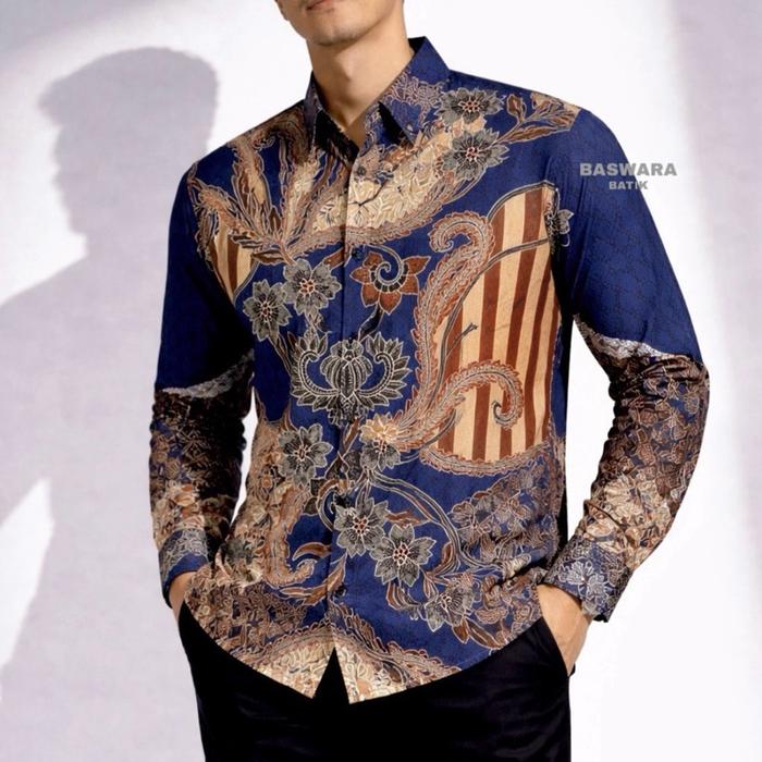 Baswara Batik Pria Lengan Panjang Biru Dongker Coklat
