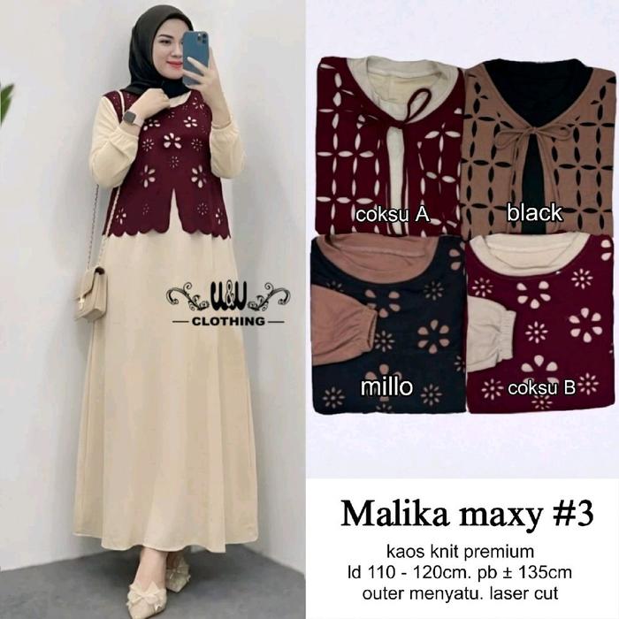 Malika Maxy #3 Kaos Knit Premium Outer Menyatu Laser Cut Dress Wanita Muslim Baju Gamis Mewah Lebara