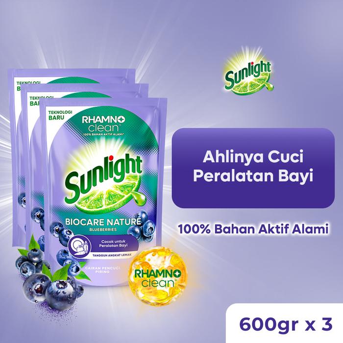 Sunlight Biocare Nature Sabun Cuci Piring 600gr X3 - Sabun Cuci Botol Bayi