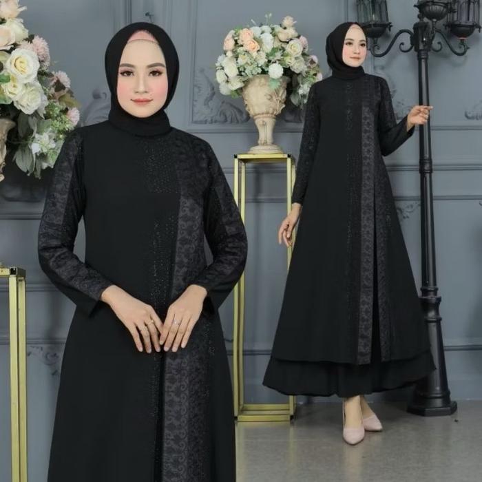 Gamis Abaya Turkey Full hitam Bordir Wanita Mewah Turki Umroh Pesta Kerudung - Bahan Jersey Mix Seru