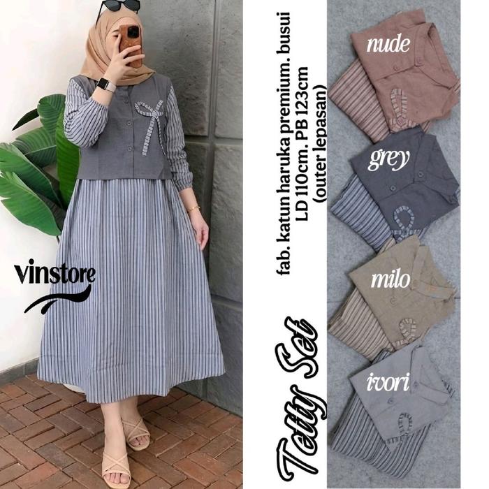 TETTY MIDI DRESS OUTER SET BY VINSTORE / GAMIS MIDI KATUN SALUR OOTD HIJAB CASUAL