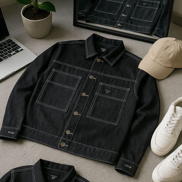 RISE UP Superior Jaket Jeans Denim Pria Wanita Hitam Distro Cowok Keren Casual Panjang Tebal Blazer 