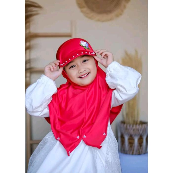 Jilbab Anak Topi Bunga Mutiara Kerudung Paud Size 3-6 Tahun Hijab Anak Sekolah SD TK Muslim Instan C