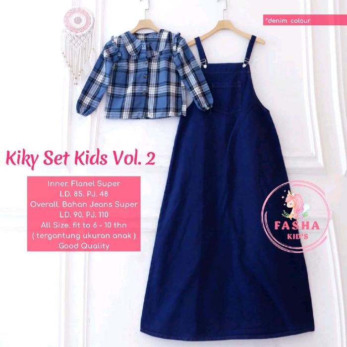 Kiky set setelan atasan inner flanel outer overall jeans premium anak perempuan 7-10 tahun