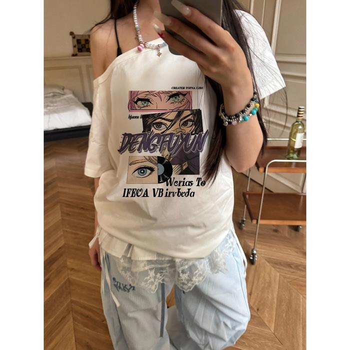 2TOYOUNG Pola karakter buku komik tee retro acleanfit T-shirt bahu miring oversize y2k Kaos atasan w
