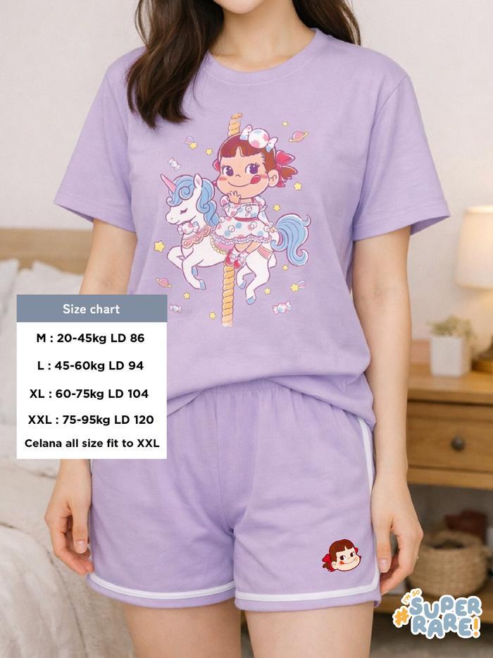 Super Rare - One Set Peko Milky - Setelan Piyama Baju Kaos Santai Wanita Katun Lengan Pendek Celana 