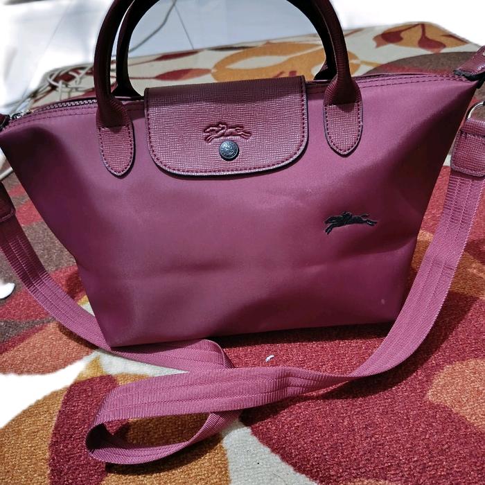 Longchamp Tas Preloved Seri Le Pliage Neo Klasik Warna Ungu dengan Tali Bahu dan Pegangan