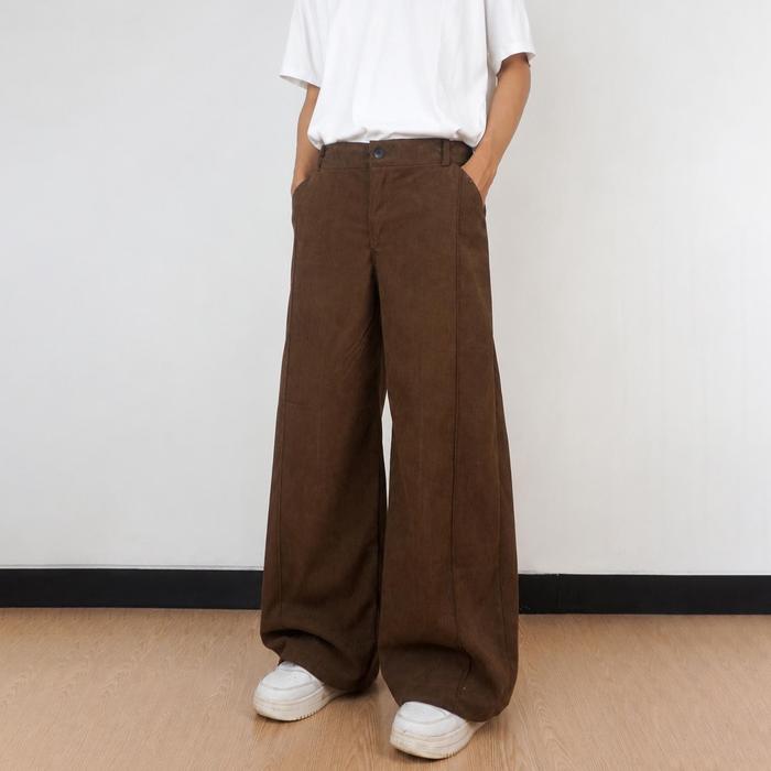 KJDNM Celana Corduroy Pecah Pola Tulang Baggy Pants Koreanstyle Vintage Unisex Wanita Oversize Gombr