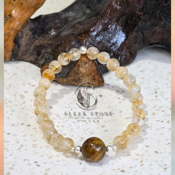 Gelang Elastis Mix Citrine & Tiger Eyes With Bead Bola Silver 925
