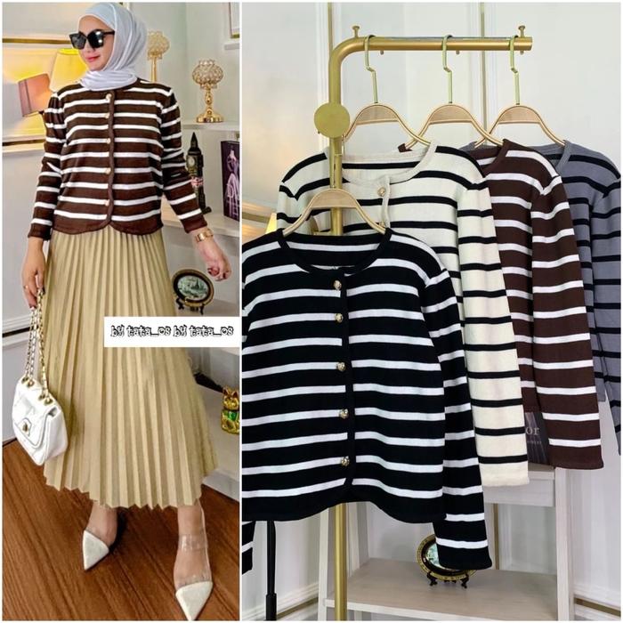 BANGKOK BY MJS CELOVA STEVY SALUR STRIPE CARDY BUTTON GOLD KNIT RAJUT STRECH