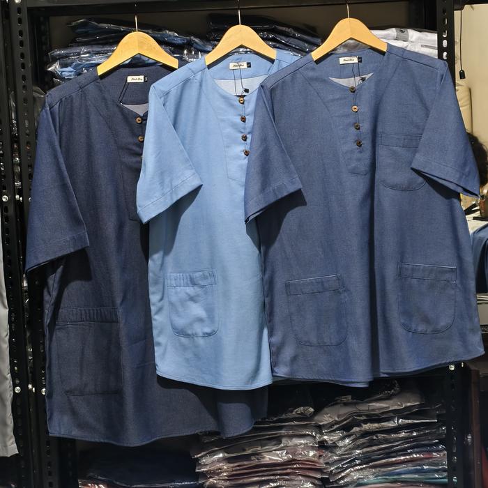 Kurta Denim Pria Koko Pendek Biru  denim jumbo