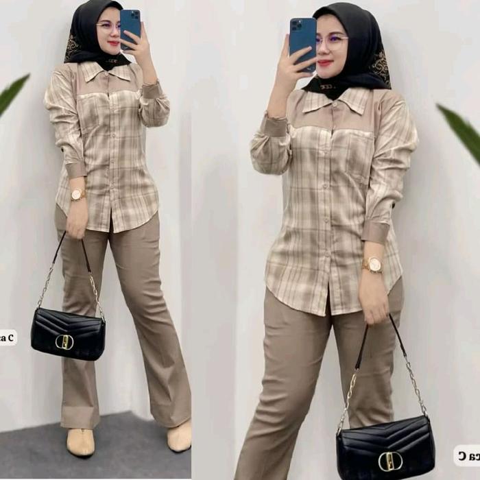 ALDA SET. SETELAN KEMEJA DAN CELANA CUTBRAY.ONESET CUTBRAY. ONESET KEMEJA KOTAK WANITA.ONESET CELANA