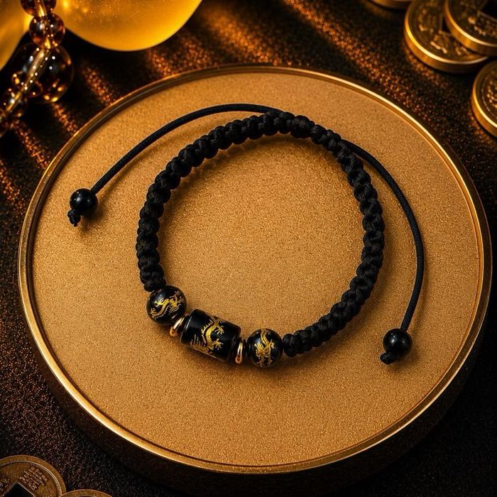 Gelang Black Dragon Warrior Aura Tegas dan Elegan Tali Tebal Handmade Hitam Naga Emas