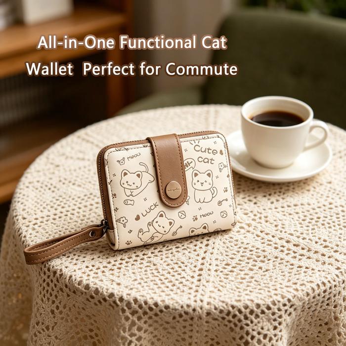 Dompet Cewek Lucu Kucing Kartun - Dompet Pendek Multislot dengan Resleting, Cocok untuk Uang Tunai,