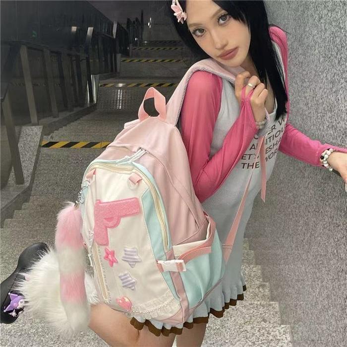 Tas bahu wanita / tas sekolah anak perempuan berwarna merah muda / tas ransel berkapasitas besar gay
